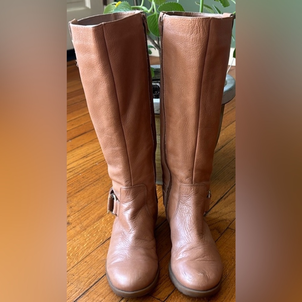 Women Nine West Sz 6M tall brown leather buckle round toe casual low heel boots